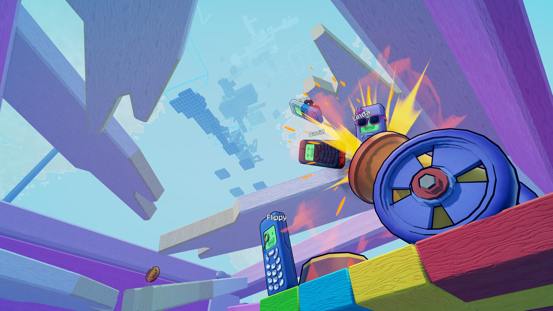 A large colorful cannon launches several phones while another phone waits on the blocks below.