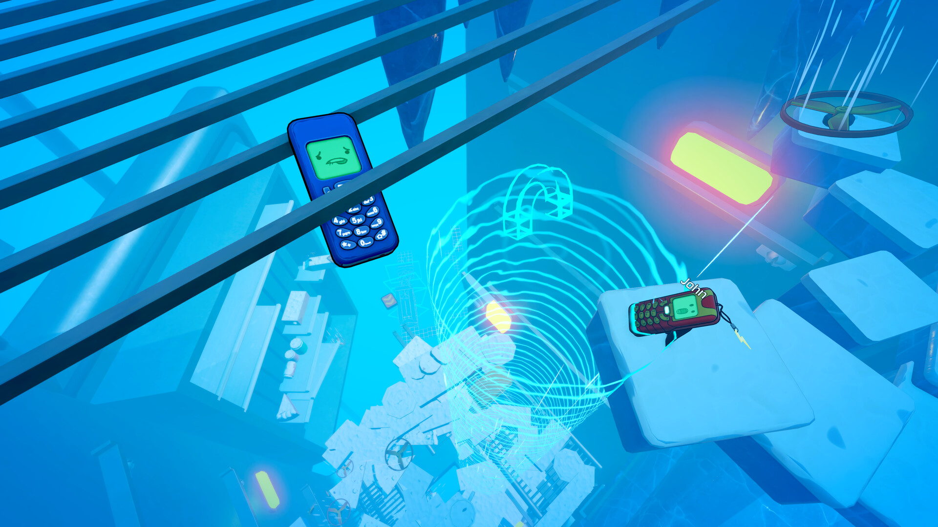 Two brick phones on icy platforms in a blue room, with a bright beam between the lower phone and the space above.