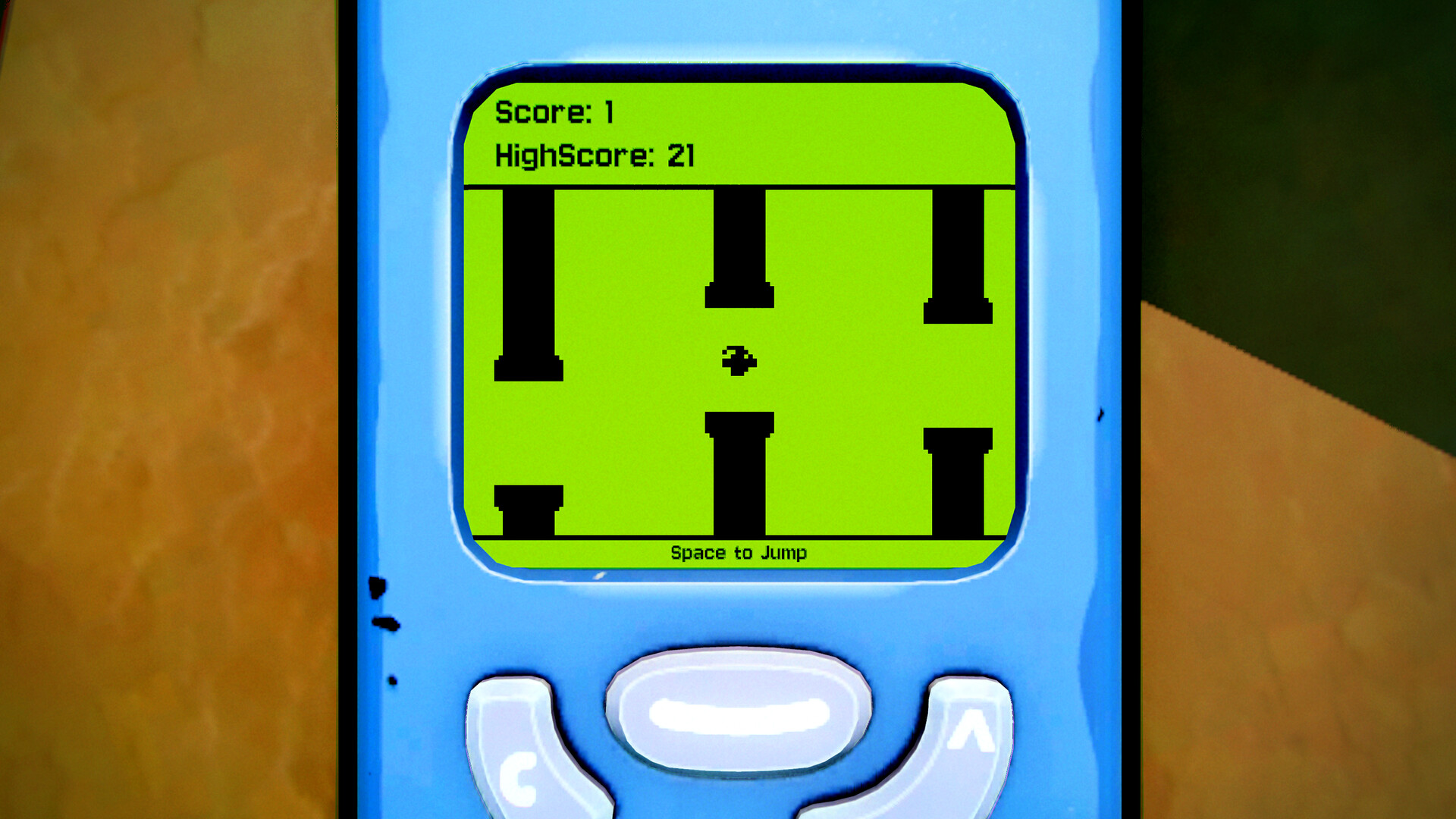 A brick phone screen showing a green pillar-jumping game with Score 1, HighScore 21, and the line Space to Jump.