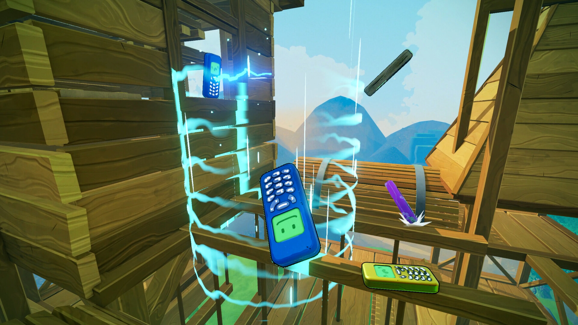 Several phones on a wooden tower, with a bright spiral beam around the blue phone in the center.